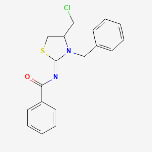 molecular formula C18H17ClN2OS B15407196 Benzamide, N-[4-(chloromethyl)-3-(phenylmethyl)-2-thiazolidinylidene]- CAS No. 832724-92-2