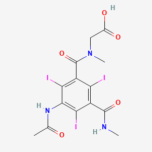 molecular formula C14H14I3N3O5 B15472614 Sarcosine, N-(3-acetamido-5-methylcarbamoyl-2,4,6-triiodobenzoyl)- CAS No. 49755-86-4