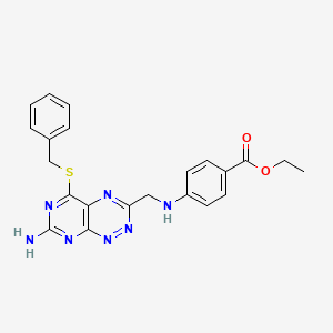 molecular formula C22H21N7O2S B15476737 Ethyl 4-(((7-amino-5-(benzylthio)pyrimido[5,4-e][1,2,4]triazin-3-yl)methyl)amino)benzoate CAS No. 35171-06-3