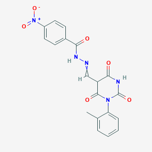 molecular formula C19H15N5O6 B15490867 N-[[1-(2-methylphenyl)-2,4,6-trioxo-1,3-diazinan-5-yl]methylideneamino]-4-nitro-benzamide CAS No. 5518-75-2