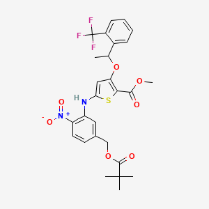 molecular formula C27H27F3N2O7S B15506399 Methyl 5-[5-(2,2-dimethylpropanoyloxymethyl)-2-nitroanilino]-3-[1-[2-(trifluoromethyl)phenyl]ethoxy]thiophene-2-carboxylate 