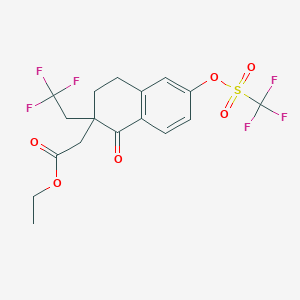 molecular formula C17H16F6O6S B15508338 Ethyl 2-(1-oxo-2-(2,2,2-trifluoroethyl)-6-(((trifluoromethyl)sulfonyl)oxy)-1,2,3,4-tetrahydronaphthalen-2-yl)acetate 