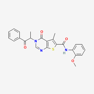 molecular formula C24H21N3O4S B15529984 N-(2-methoxyphenyl)-5-methyl-4-oxo-3-(1-oxo-1-phenylpropan-2-yl)-3,4-dihydrothieno[2,3-d]pyrimidine-6-carboxamide 