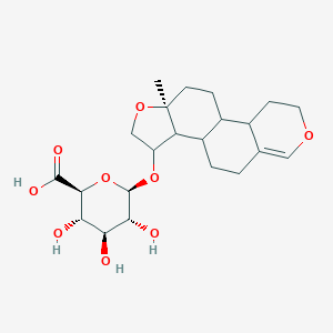 molecular formula C22H32O9 B155565 (2S,3S,4S,5R,6R)-6-[[(3R,11aS)-11a-methyl-2,3,3a,3b,4,5,8,9,9a,9b,10,11-dodecahydro-[1]benzofuro[5,4-f]isochromen-3-yl]oxy]-3,4,5-trihydroxyoxane-2-carboxylic acid CAS No. 131749-23-0