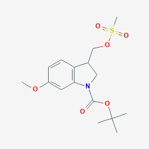 molecular formula C16H23NO6S B156001 Tert-butyl 6-methoxy-3-(methylsulfonyloxymethyl)-2,3-dihydroindole-1-carboxylate CAS No. 127943-74-2