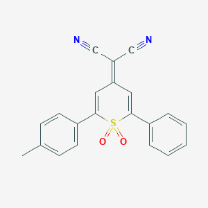 molecular formula C21H14N2O2S B156701 2-[2-(4-Methylphenyl)-1,1-dioxido-6-phenyl-4H-thiopyran-4-ylidene]propanedinitrile CAS No. 135215-38-2