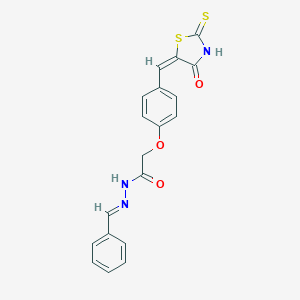 molecular formula C19H15N3O3S2 B157084 Acetic acid, (4-((4-oxo-2-thioxo-5-thiazolidinylidene)methyl)phenoxy)-, (phenylmethylene)hydrazide CAS No. 139298-28-5