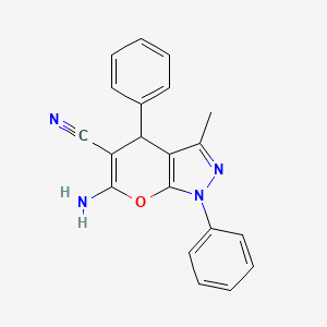 molecular formula C20H16N4O B1583223 6-Amino-3-methyl-1,4-diphenyl-1,4-dihydropyrano[2,3-c]pyrazole-5-carbonitrile CAS No. 53316-57-7