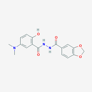 molecular formula C17H17N3O5 B158520 1,3-Benzodioxole-5-carboxylic acid, 2-[5-(dimethylamino)-2-hydroxybenzoyl]hydrazide CAS No. 131308-84-4