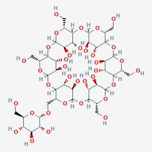 molecular formula C42H70O35 B158578 (1S,3R,5R,6S,8R,10R,11S,13R,15R,16S,18R,20R,21S,23R,25R,26S,28R,30R,31R,32R,33R,34R,35R,36R,37R,38R,39R,40R,41R,42R)-5,10,15,20,25-pentakis(hydroxymethyl)-30-[[(2S,3R,4S,5S,6R)-3,4,5-trihydroxy-6-(hydroxymethyl)oxan-2-yl]oxymethyl]-2,4,7,9,12,14,17,19,22,24,27,29-dodecaoxaheptacyclo[26.2.2.23,6.28,11.213,16.218,21.223,26]dotetracontane-31,32,33,34,35,36,37,38,39,40,41,42-dodecol CAS No. 10058-19-2