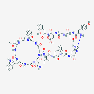 molecular formula C90H111N21O24 B158674 N(1)Gly-DL-Phe-DL-xiIle-Gly-DL-Trp-Gly-DL-Asn-DL-Asp(1)-DL-xiIle-DL-Phe-Gly-DL-Ala(imidazol-2-yl)(imidazol-2-yl)-DL-Tyr-DL-Ser-Gly-DL-Asp-DL-Phe-OH CAS No. 133658-45-4