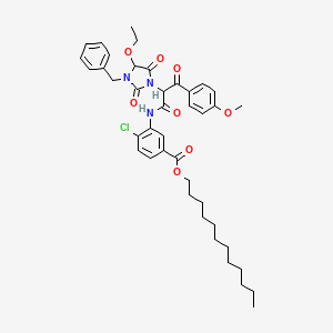 molecular formula C41H50ClN3O8 B1587779 Benzoic acid, 4-chloro-3-((2-(4-ethoxy-2,5-dioxo-3-(phenylmethyl)-1-imidazolidinyl)-3-(4-methoxyphenyl)-1,3-dioxopropyl)amino)-, dodecyl ester CAS No. 70950-45-7