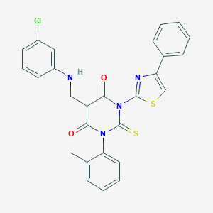 molecular formula C27H21ClN4O2S2 B158804 4,6(1H,5H)-Pyrimidinedione, dihydro-5-(((3-chlorophenyl)amino)methyl)-1-(2-methylphenyl)-3-(4-phenyl-2-thiazolyl)-2-thioxo- CAS No. 139356-76-6