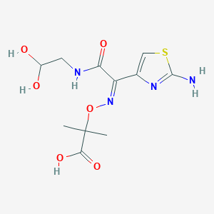 molecular formula C11H16N4O6S B159410 Propanoic acid, 2-(((1-(2-amino-4-thiazolyl)-2-((2,2-dihydroxyethyl)amino)-2-oxoethylidene)amino)oxy)-2-methyl- CAS No. 136831-56-6