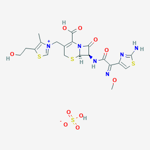 molecular formula C20H24N6O10S4 B160555 (6R,7R)-7-[[(2E)-2-(2-amino-1,3-thiazol-4-yl)-2-methoxyiminoacetyl]amino]-3-[[5-(2-hydroxyethyl)-4-methyl-1,3-thiazol-3-ium-3-yl]methyl]-8-oxo-5-thia-1-azabicyclo[4.2.0]oct-2-ene-2-carboxylic acid;hydrogen sulfate CAS No. 134102-27-5