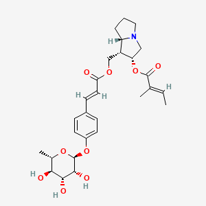 molecular formula C28H37NO9 B1609362 2-Butenoic acid, 2-methyl-, (1S,2R,7aS)-1-((((2E)-3-(4-((6-deoxy-alpha-L-mannopyranosyl)oxy)phenyl)-1-oxo-2-propenyl)oxy)methyl)hexahydro-1H-pyrrolizin-2-yl ester, (2Z)- CAS No. 70474-34-9