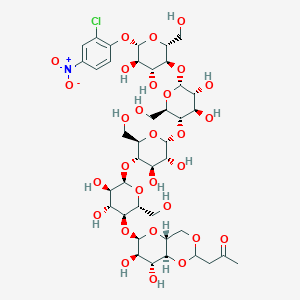 molecular formula C40H58ClNO29 B161196 b-D-Glucopyranoside,2-chloro-4-nitrophenyl O-4,6-O-(3-oxobutylidene)-a-D-glucopyranosyl-(1(R)4)-O-a-D-glucopyranosyl-(1(R)4)-O-a-D-glucopyranosyl-(1(R)4)-O-a-D-glucopyranosyl-(1(R)4)- CAS No. 136345-76-1