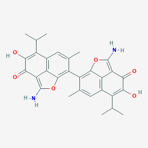 molecular formula C30H28N2O6 B161242 (11E)-3-amino-11-(3-amino-5,6-dihydroxy-10-methyl-7-propan-2-yl-2-oxatricyclo[6.3.1.04,12]dodeca-1(12),3,5,7,9-pentaen-11-ylidene)-10-methyl-7-propan-2-yl-2-oxatricyclo[6.3.1.04,12]dodeca-1(12),3,7,9-tetraene-5,6-dione CAS No. 136105-62-9