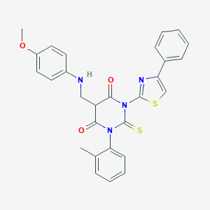 molecular formula C28H24N4O3S2 B161261 4,6(1H,5H)-Pyrimidinedione, dihydro-5-(((4-methoxyphenyl)amino)methyl)-1-(2-methylphenyl)-3-(4-phenyl-2-thiazolyl)-2-thioxo- CAS No. 139356-81-3