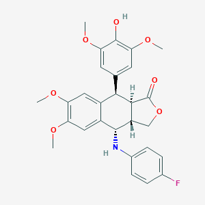 molecular formula C28H28FNO7 B161367 (3aS-(3aalpha,4beta,9alpha,9abeta))-4-((4-fluorophenyl)amino)-3a,4,9,9a-tetrahydro-9-(4-hydroxy-3,5-dimethoxyphenyl)-6,7-dimethoxynaphtho(2,3-c)furan-1(3H)-one CAS No. 138355-97-2