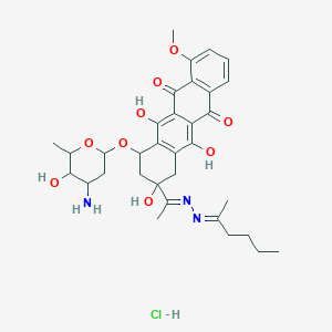 molecular formula C33H42ClN3O9 B161894 5,12-Naphthacenedione, 7,8,9,10-tetrahydro-10-((3-amino-2,3,6-trideoxy-alpha-L-lyxo-hexopyranosyl)oxy)-1-methoxy-6,8,11-trihydroxy-1-(((1-methylpentylidene)hydrazono)ethyl)-, monohydrochloride, (8S-cis)- CAS No. 128948-02-7