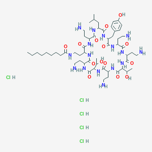 molecular formula C56H103Cl5N16O14 B1618948 N-[2-[5,14,17,23,29-pentakis(2-aminoethyl)-20,26-bis(1-hydroxyethyl)-11-[(4-hydroxyphenyl)methyl]-8-(2-methylpropyl)-3,6,9,12,15,18,21,24,27,30-decaoxo-1,4,7,10,13,16,19,22,25,28-decazacyclotriacont-2-yl]ethyl]nonanamide;pentahydrochloride CAS No. 77554-83-7