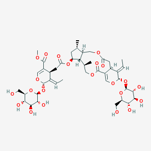 molecular formula C43H60O22 B161996 Methyl (4S,5E,6S)-5-ethylidene-4-[2-[[(5R,6S,7S,9S,10R,15S,16E,17S)-16-ethylidene-5,9-dimethyl-2,13-dioxo-17-[(2S,3R,4S,5S,6R)-3,4,5-trihydroxy-6-(hydroxymethyl)oxan-2-yl]oxy-3,12,18-trioxatricyclo[13.4.0.06,10]nonadec-1(19)-en-7-yl]oxy]-2-oxoethyl]-6-[(2S,3R,4S,5S,6R)-3,4,5-trihydroxy-6-(hydroxymethyl)oxan-2-yl]oxy-4H-pyran-3-carboxylate CAS No. 297740-98-8