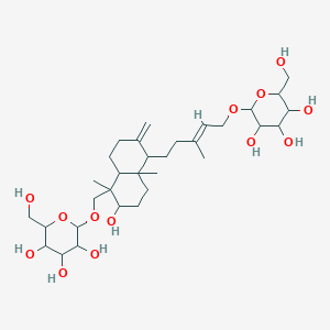 molecular formula C32H54O13 B162068 2-[(E)-5-[6-Hydroxy-5,8a-dimethyl-2-methylidene-5-[[3,4,5-trihydroxy-6-(hydroxymethyl)oxan-2-yl]oxymethyl]-3,4,4a,6,7,8-hexahydro-1H-naphthalen-1-yl]-3-methylpent-2-enoxy]-6-(hydroxymethyl)oxane-3,4,5-triol CAS No. 90851-28-8