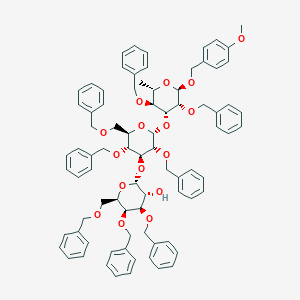 molecular formula C82H88O16 B162205 (2R,3R,4R,5S,6R)-2-[(2R,3R,4S,5R,6R)-2-[(2R,3R,4R,5S,6S)-2-[(4-methoxyphenyl)methoxy]-6-methyl-3,5-bis(phenylmethoxy)oxan-4-yl]oxy-3,5-bis(phenylmethoxy)-6-(phenylmethoxymethyl)oxan-4-yl]oxy-4,5-bis(phenylmethoxy)-6-(phenylmethoxymethyl)oxan-3-ol CAS No. 128716-50-7