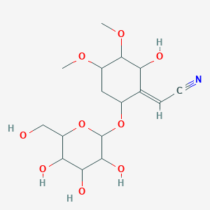 molecular formula C16H25NO9 B162361 (2E)-2-[(2S,3R,4S,6R)-2-hydroxy-3,4-dimethoxy-6-[(2R,3R,4S,5S,6R)-3,4,5-trihydroxy-6-(hydroxymethyl)oxan-2-yl]oxycyclohexylidene]acetonitrile CAS No. 51771-52-9