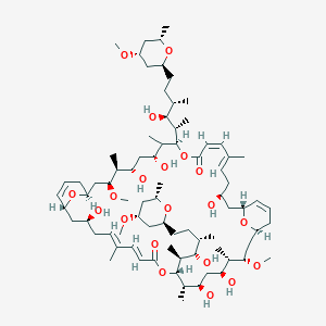 molecular formula C78H132O20 B162480 (1R,3S,5E,7E,11S,13R,15S,16S,17S,19S,23R,25S,27E,29E,33S,34S,35R,37S,38S,39S,41S)-3,13,15,25,35,37-Hexahydroxy-11,33-bis[(2S,3S,4S)-3-hydroxy-6-[(2S,4R,6S)-4-methoxy-6-methyloxan-2-yl]-4-methylhexan-2-yl]-17,39-dimethoxy-6,12,16,28,34,38-hexamethyl-10,32,45,46-tetraoxatricyclo[39.3.1.119,23]hexatetraconta-5,7,21,27,29,43-hexaene-9,31-dione CAS No. 95927-67-6