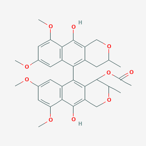 molecular formula C34H36O10 B163359 [10-hydroxy-5-(10-hydroxy-7,9-dimethoxy-3-methyl-3,4-dihydro-1H-benzo[g]isochromen-5-yl)-7,9-dimethoxy-3-methyl-3,4-dihydro-1H-benzo[g]isochromen-4-yl] acetate CAS No. 136565-66-7