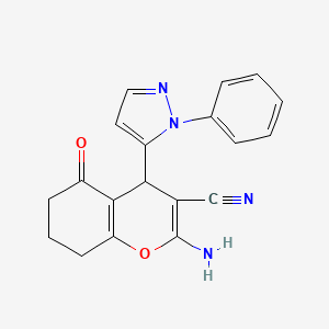 molecular formula C19H16N4O2 B1653472 2-amino-5-oxo-4-(1-phenyl-1H-pyrazol-5-yl)-5,6,7,8-tetrahydro-4H-chromene-3-carbonitrile CAS No. 1855890-26-4