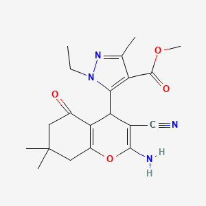 molecular formula C20H24N4O4 B1653473 methyl 5-(2-amino-3-cyano-7,7-dimethyl-5-oxo-5,6,7,8-tetrahydro-4H-chromen-4-yl)-1-ethyl-3-methyl-1H-pyrazole-4-carboxylate CAS No. 1855890-40-2
