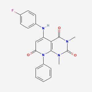 molecular formula C21H17FN4O3 B1655229 5-(4-Fluoroanilino)-1,3-dimethyl-8-phenyl-1,2,3,4,7,8-hexahydropyrido[2,3-d]pyrimidine-2,4,7-trione CAS No. 334668-80-3