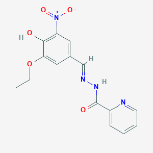 molecular formula C15H14N4O5 B1657159 N-[(E)-(3-Ethoxy-4-hydroxy-5-nitrophenyl)methylideneamino]pyridine-2-carboxamide CAS No. 5560-64-5