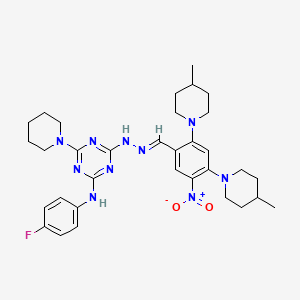2-N-[(E)-[2,4-bis(4-methylpiperidin-1-yl)-5-nitrophenyl]methylideneamino]-4-N-(4-fluorophenyl)-6-piperidin-1-yl-1,3,5-triazine-2,4-diamine