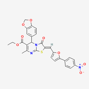 molecular formula C28H21N3O8S B1657395 ethyl (2Z)-5-(1,3-benzodioxol-5-yl)-7-methyl-2-[[5-(4-nitrophenyl)furan-2-yl]methylidene]-3-oxo-5H-[1,3]thiazolo[3,2-a]pyrimidine-6-carboxylate CAS No. 5656-94-0