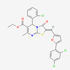 molecular formula C27H19Cl3N2O4S B1657452 ethyl (2Z)-5-(2-chlorophenyl)-2-[[5-(2,4-dichlorophenyl)furan-2-yl]methylidene]-7-methyl-3-oxo-5H-[1,3]thiazolo[3,2-a]pyrimidine-6-carboxylate CAS No. 5672-43-5
