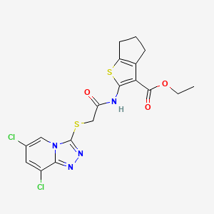 molecular formula C18H16Cl2N4O3S2 B1657473 ethyl 2-[[2-[(6,8-dichloro-[1,2,4]triazolo[4,3-a]pyridin-3-yl)sulfanyl]acetyl]amino]-5,6-dihydro-4H-cyclopenta[b]thiophene-3-carboxylate CAS No. 5677-34-9