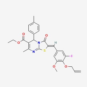 molecular formula C28H27IN2O5S B1657480 ethyl (2Z)-2-[(3-iodo-5-methoxy-4-prop-2-enoxyphenyl)methylidene]-7-methyl-5-(4-methylphenyl)-3-oxo-5H-[1,3]thiazolo[3,2-a]pyrimidine-6-carboxylate CAS No. 5678-27-3