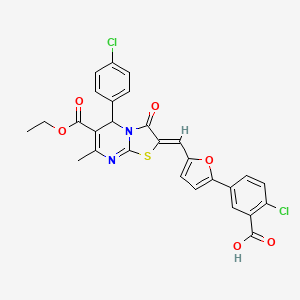 2-chloro-5-[5-[(Z)-[5-(4-chlorophenyl)-6-ethoxycarbonyl-7-methyl-3-oxo-5H-[1,3]thiazolo[3,2-a]pyrimidin-2-ylidene]methyl]furan-2-yl]benzoic acid