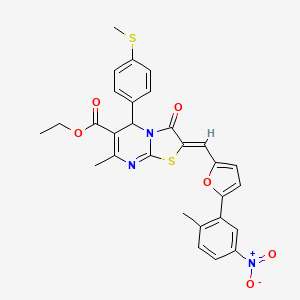 molecular formula C29H25N3O6S2 B1657802 ethyl (2Z)-7-methyl-2-[[5-(2-methyl-5-nitrophenyl)furan-2-yl]methylidene]-5-(4-methylsulfanylphenyl)-3-oxo-5H-[1,3]thiazolo[3,2-a]pyrimidine-6-carboxylate CAS No. 5821-34-1