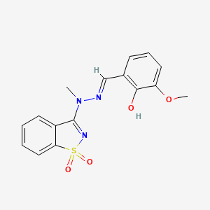 molecular formula C16H15N3O4S B1658630 3-{2-[(5-Methoxy-6-oxocyclohexa-2,4-dien-1-ylidene)methyl]-1-methylhydrazinyl}-1H-1lambda~6~,2-benzothiazole-1,1-dione CAS No. 6168-55-4