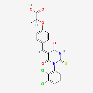 molecular formula C20H14Cl2N2O5S B1659245 2-[4-[(E)-[1-(2,3-dichlorophenyl)-4,6-dioxo-2-sulfanylidene-1,3-diazinan-5-ylidene]methyl]phenoxy]propanoic acid CAS No. 6405-96-5