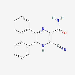 molecular formula C18H14N4O B1659623 Pyrazinecarboxamide, 3-cyano-4,5-dihydro-5,6-diphenyl- CAS No. 66371-74-2