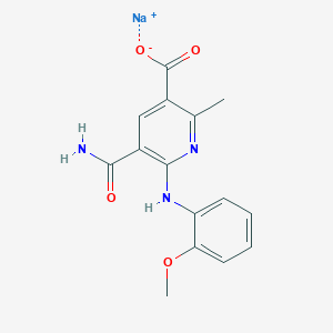 molecular formula C15H14N3NaO4 B165991 3-Pyridinecarboxylic acid, 5-(aminocarbonyl)-6-((2-methoxyphenyl)amino)-2-methyl-, monosodium salt CAS No. 134828-49-2