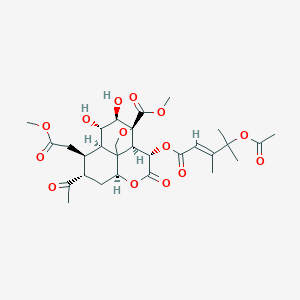 molecular formula C29H38O14 B166011 Methyl (2R,3S,6S,8S,9S,10R,11S,12R,13S)-8-acetyl-3-[(E)-4-acetyloxy-3,4-dimethylpent-2-enoyl]oxy-11,12-dihydroxy-9-(2-methoxy-2-oxoethyl)-4-oxo-5,14-dioxatetracyclo[8.5.0.01,6.02,13]pentadecane-13-carboxylate CAS No. 132587-60-1