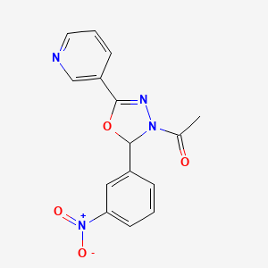 B1661331 1,3,4-Oxadiazole, 3-acetyl-2,3-dihydro-2-(3-nitrophenyl)-5-(3-pyridinyl)- CAS No. 89813-93-4