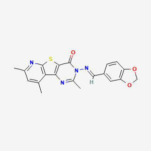 molecular formula C20H16N4O3S B1661895 5-[(E)-1,3-benzodioxol-5-ylmethylideneamino]-4,11,13-trimethyl-8-thia-3,5,10-triazatricyclo[7.4.0.02,7]trideca-1(9),2(7),3,10,12-pentaen-6-one CAS No. 99504-88-8